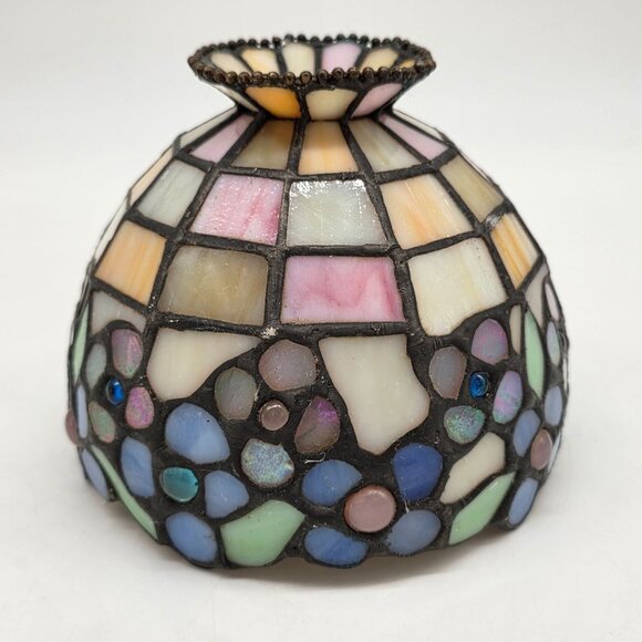 Stained Glass Mosaic Lamp Shade Multicolor Floral Pattern With Iridescent Accent - Picture 1 of 8